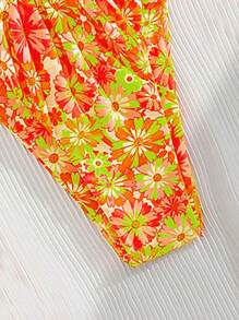 SHEIN Swim 热带植物印花双面褶饰性感女士比基尼两件套 - 橘色 - 查看 5