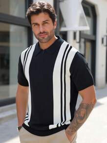 Manfinity Homme Men's Casual Colorblock Striped Metal Zipper Short Sleeve Knit Sweater,New Styles For Spring And Summer 2025, Travel, Holiday And Commuting - Black and White - View 2