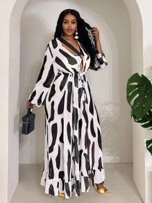 Slaydiva Plus Size Women's Vacation Colorblock Swimsuit With Sheer Cover Up, 3 Piece Set - Multicolor - View 5