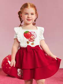 Strawberry Shortcake X SHEIN Set da ragazza giovane con top a maniche corte con grafica di cartoni animati carini e dolci, e gonna rossa a doppio strato