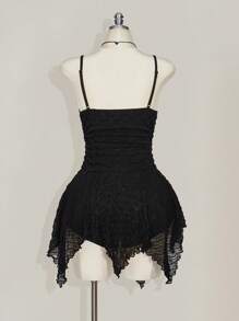 SHEIN ICON Plus Size Women Solid Color Pleated Spaghetti Strap Asymmetrical Hem Dress - Black - View 2