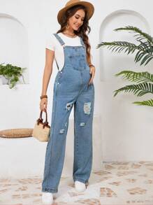 SHEIN Maternity Casual Vintage Washed Ripped Bib Overall Dungaree Pants - Medium Wash - View 4