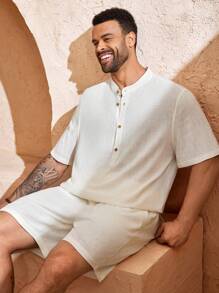 EASEVO Plus Size Men's Woven Shirt & Shorts Set