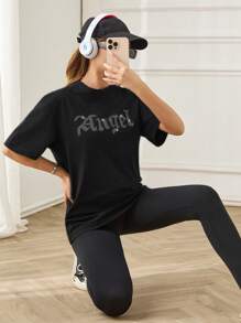 Cloudara Camiseta de hombros caídos con diamante de imitación con patrón de letra - Negro - Ver 3