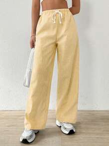 SHEIN EZwear 女士条纹亚麻低腰裤，简约时尚，适合夏季 - 黃色 - 查看 4