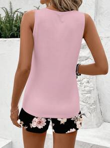 SHEIN LUNE Conjunto de 2 piezas de top sin mangas de cuello redondo con estampado floral y camiseta de manga corta, apropiado para verano, actividades al aire libre y vacaciones