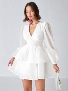 Enchnt Spring/Summer Romantic Women's White V-Neck Layered Elegant Puff Long Sleeve Mini Dress Long Sleeve Mini Dress,Sweet&Elegant&Modest Sundress For Birthday&Holiday Party&Sweet Date&Vacation&Graduation Season,Summer Outfits For Women,Wedding Guest Dress Women,Easter Outfit Women