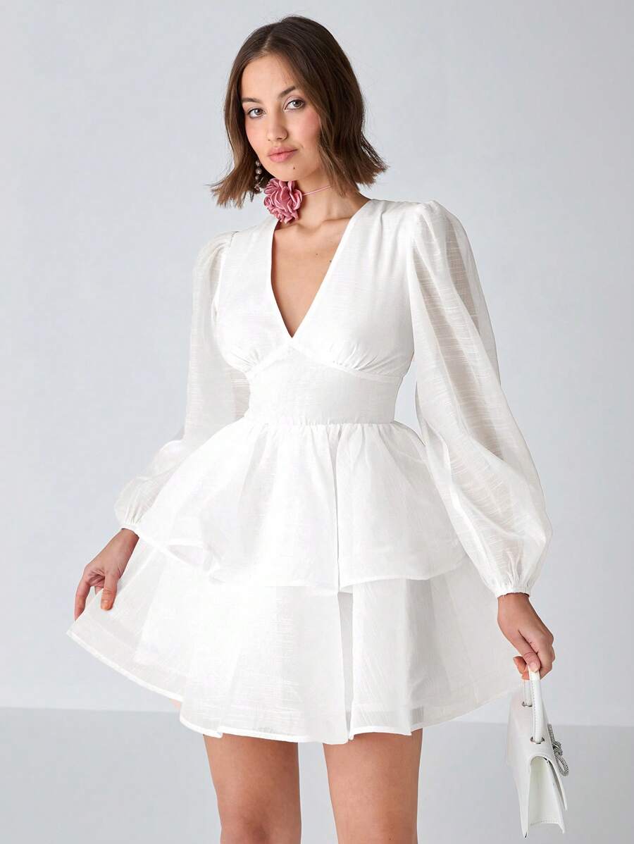 Enchnt Spring/Summer Romantic Women's White V-Neck Layered Elegant Puff Long Sleeve Mini Dress Long Sleeve Mini Dress,Sweet&Elegant&Modest Sundress For Birthday&Holiday Party&Sweet Date&Vacation&Graduation Season,Summer Outfits For Women,Wedding Guest Dress Women,Easter Outfit Women