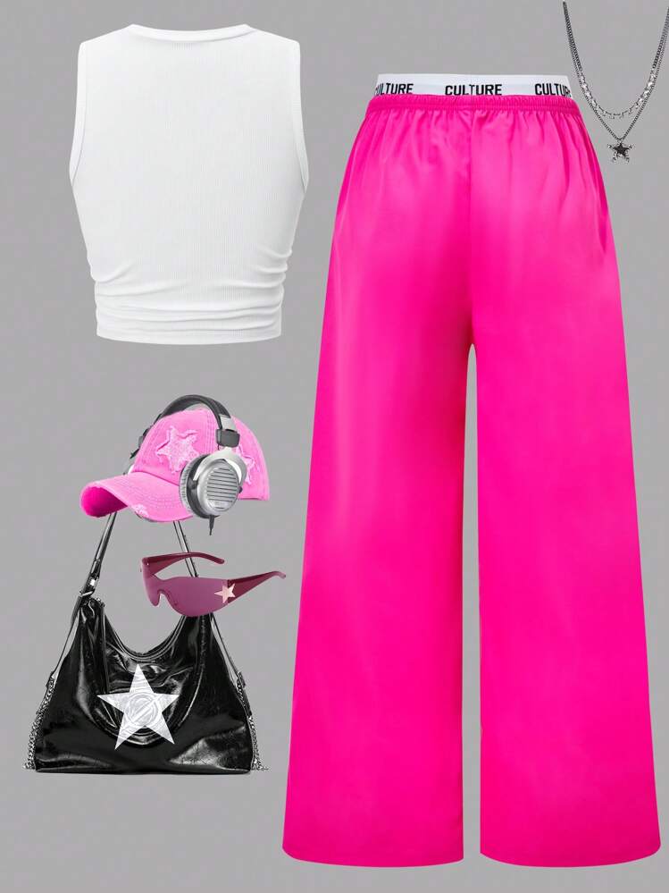 ChillGRL Set de 2 piezas de top de tirantes con estampado de estrellas y pantalones cargo de bloques de color para niñas preadolescentes, conjunto de ropa casual de estilo urbano para primavera/verano y vacaciones de verano - Rosa Fucsia - Ver 2