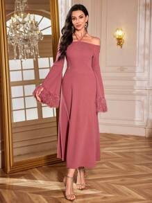 Modelyn Women's Solid Color Halterneck Flare Sleeve Halter Midi Dress, Elegant Wedding Party Dinner Dusty Rose Autumn - Pink - View 4