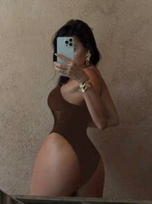 Swim SXY 女士纯色肩带网眼拼接性感镂空连体泳衣，春假和节日波西米亚风