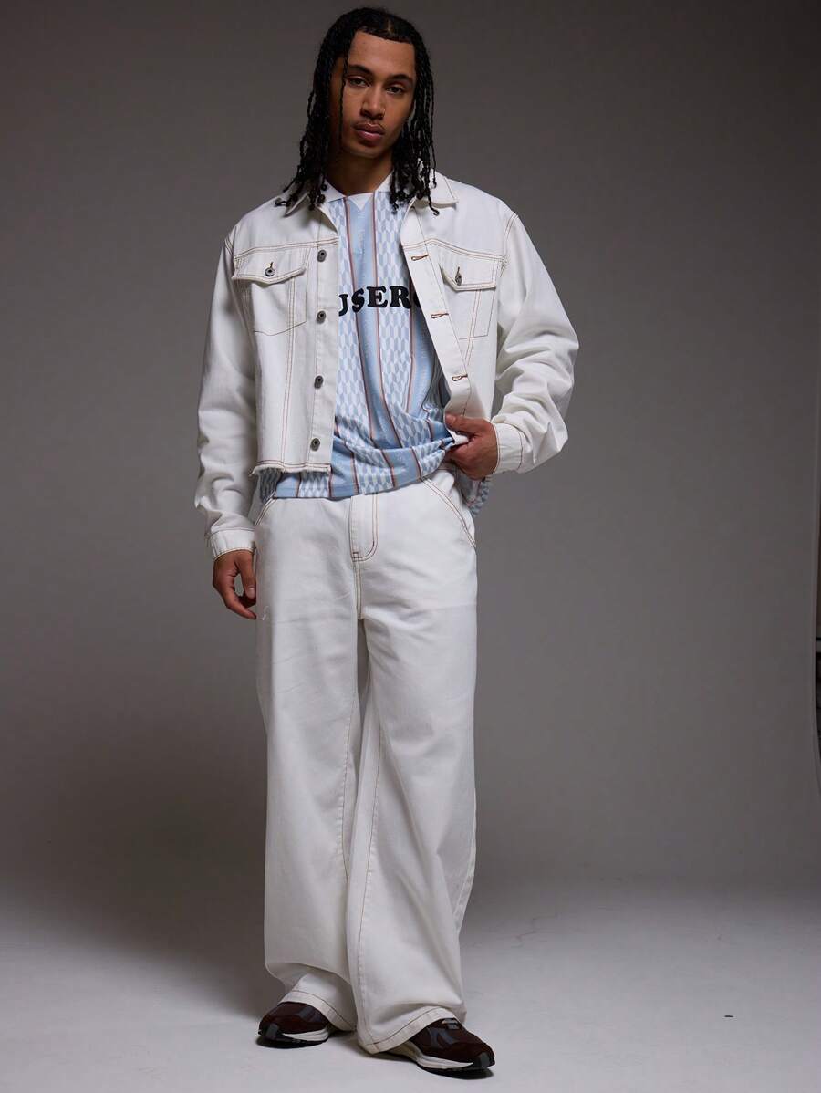 Musero Wide Leg Contrast Stitch Jeans Bottom Only - White - View 1