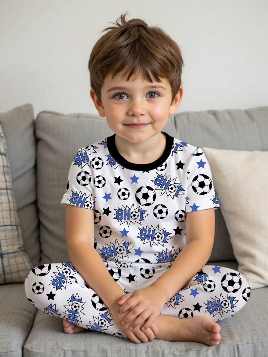 Young Boy Casual Minimalist Snug Fit Crew Neck Short Sleeve Top And Long Pants Pajama Set, Suitable For All Seasons - White - View 1