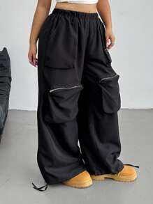 POPSWAY Pantaloni cargo dritti neri casual con tasche con zip, taglie comode per donne