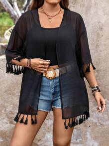SHEIN LUNE 大码女式夏季波西米亚风黑色薄纱拼接吊坠节日罩衫