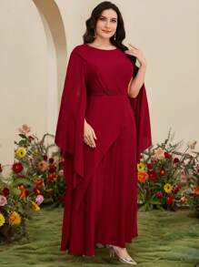 Modelyn Gaun Elegan Wanita Ukuran Besar Gaya Arab Warna Polos Leher Bulat Belahan Lengan Panjang - Burgundy - View 6
