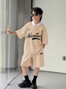 SHEIN Leap Crew 2 件青少年男孩休闲韩版时尚字母印花 Polo 领半拉链短袖上衣和宽松短裤套装，适合上学、海滩、生日、春夏季
