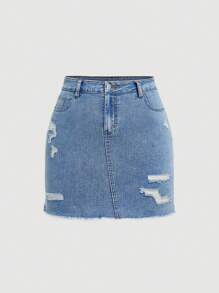 SHEIN EZwear 大码休闲破洞修身牛仔迷你裙