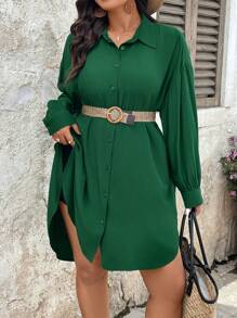 SHEIN VCAY Áo sơ mi dài tay đơn hàng thường ngày màu trơn cỡ lớn cho nữ - màu xanh lá - Xem 5