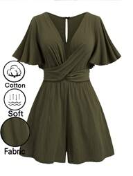SHEIN LUNE Plus Size Solid Color Cinched Waist Romper, Summer Casual
