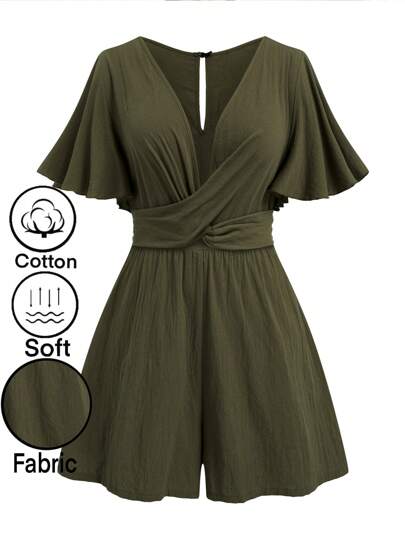 SHEIN LUNE Plus Size Solid Color Cinched Waist Romper, Summer Casual