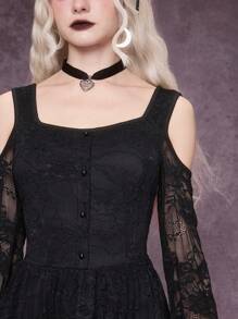 ROMWE Summer Clothes  Graduation Dress Gothic Style Embroidered Floral Lace Button & Ruffle Trim Black Midi Dress For Women - Black - View 6