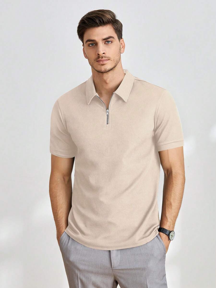 Manfinity VCAY Men's Casual Knitted Form-Fitting Raglan Zip-Up Short Sleeve Polo Shirt, Suitable For Everyday Wear - Khaki - View 1