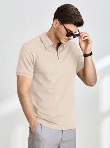 Manfinity VCAY Men's Casual Knitted Form-Fitting Raglan Zip-Up Short Sleeve Polo Shirt, Suitable For Everyday Wear - Khaki - View 5