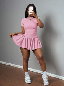 Slaydiva 春夏新款休闲基础款运动风简约圆领短袖两面褶短T恤+摆伞裙两边短款前后中长款浅灰色罗纹针织面料女两件套夏季套装 - 粉色 - 查看 5