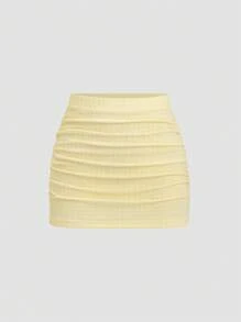 SHEIN Unity 黄色条纹纹理面料 V 领露背系带领不对称下摆紧身吊带背心和紧身褶皱迷你裙 2 件套，休闲度假性感女士夏季日常穿着 - 黃色 - 查看 3