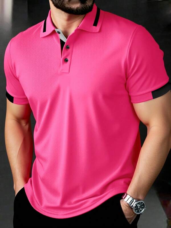 Manfinity Homme Men's Casual Simple Colorblock Short Sleeve Polo Shirt, Hot Pink Shirt Men