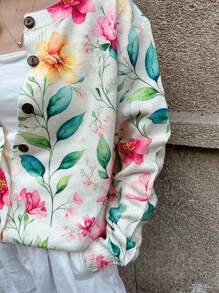 SHEIN LUNE 全新女式纽扣印花花卉和树叶图案薄款圆领长袖休闲开衫 - 米色 - 查看 6