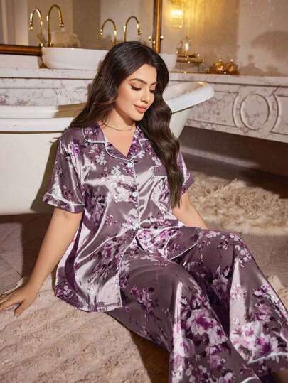 LuxeNights Plus Size Floral Print Faux Silk Short Sleeve Top And Pants Pajama Set