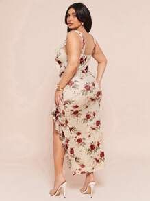 SHEIN BAE 大码女式优雅花卉和网眼荷叶边下摆侧开衩长裙，适合婚礼派对、伴娘、鸡尾酒会/曲线裙/夏威夷女装/长款花卉裙/花卉长裙/春季长裙/及膝裙/曲线沙滩裙/花卉长裙/母亲节/妈妈/母亲/妈妈/母亲节/妈妈/妈妈/母亲节礼物 - 杏色 - 查看 2