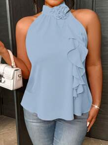 SHEIN Unity Plus Size Women's Solid Color Ruffled 3D Flower Decor Halter Shirt - Blue - View 3