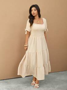 Elaquor Plus Size Solid Color Short Sleeve Long Dress, Casual Holiday Wear - Apricot - View 4