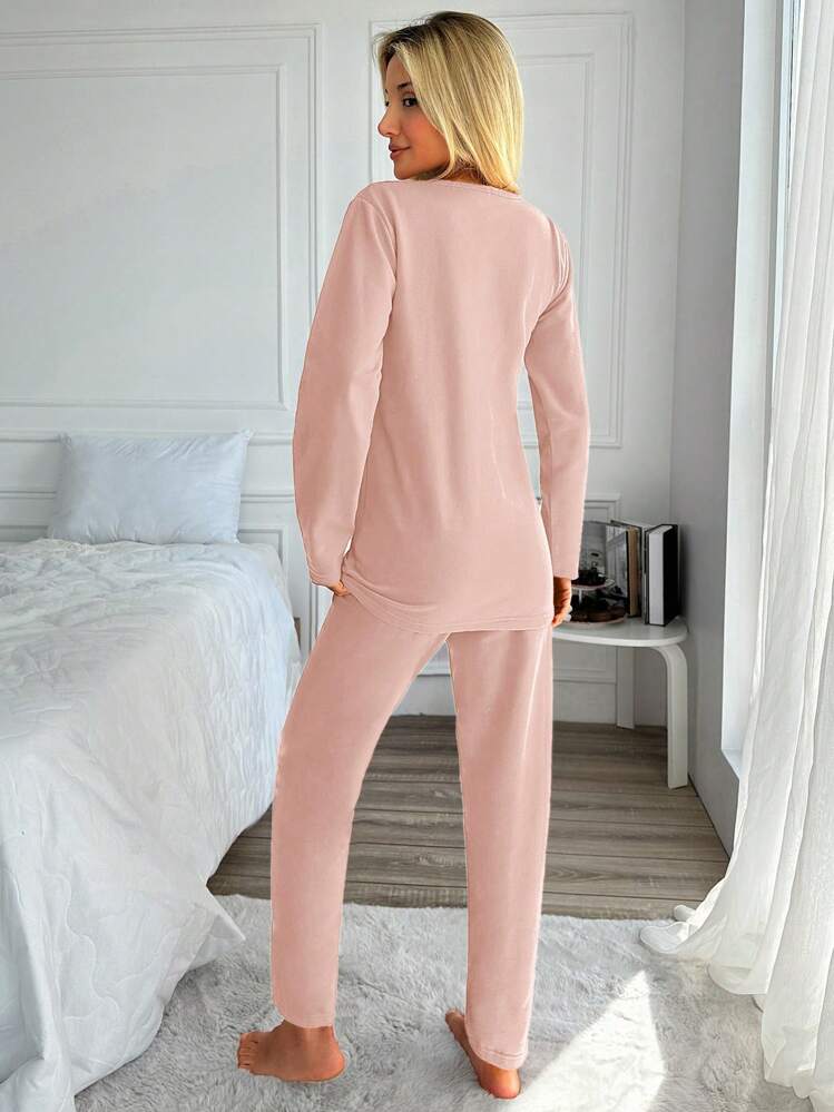 SHEIN Cottnline Bộ đồ ngủ nữ, áo dài tay cổ tròn và quần - Hồng - Xem 2