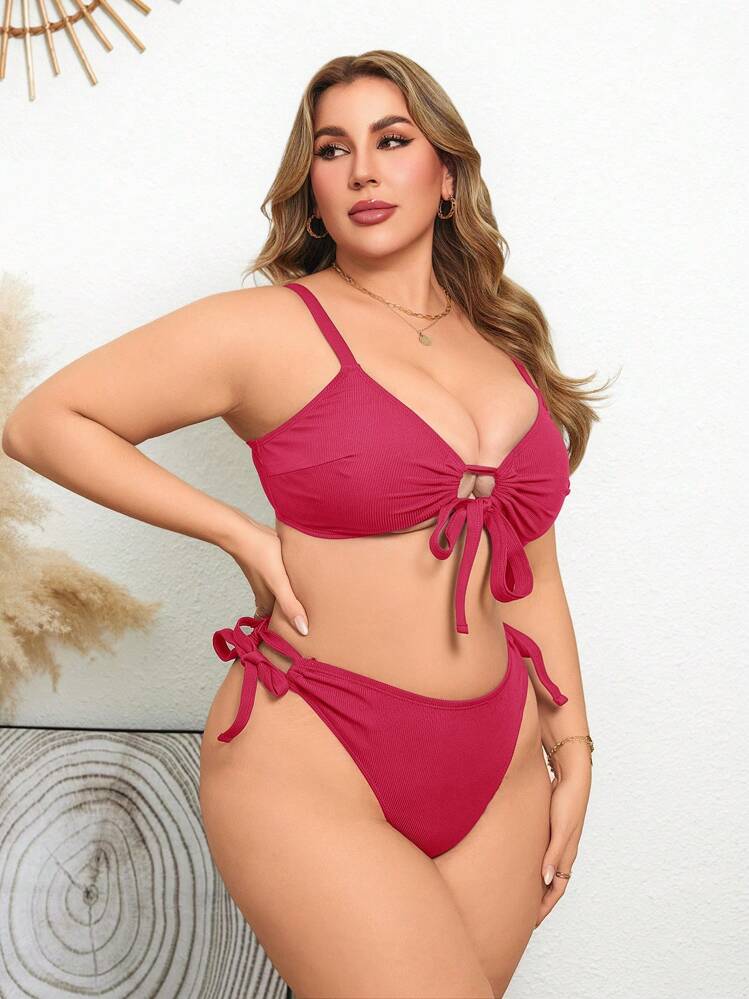 SHEIN Swim Curve Adjustable Padded Plus Size Swimsuit Set, Casual & Vacation Friendly For Summer - Burgundy - View 4