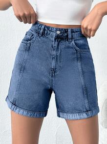 RueChic Slant Pocket Fold Up Front Opening Denim Shorts - Medium Wash - View 5