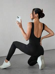 SHEIN PETITE Women's Solid Color Round Neck Backless Sleeveless Jumpsuit, Black Clothes - Black - View 8