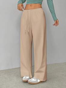 SHEIN PETITE Pantalones de casa tejidos suaves y blancos, pantalones holgados - Caqui - Ver 6