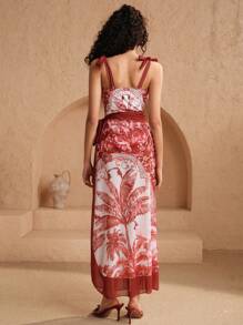 Swim Oasis 2pcs Women's Digital Print Mesh Long Skirt And Strappy One Piece Swimsuit Co-Ord Set, Vacation Style High-End Outfit For Summer - Red - View 3