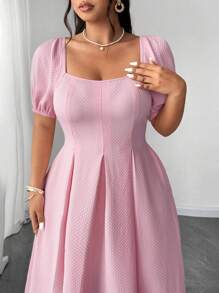 Elenzga Plus Size Vintage Romantic Pink Puff Sleeve Dress - Pink - View 5