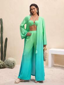 BY FELIZIA Blue Green Gradient Summer Printed Flared Long Sleeve High Slit Kimono Beachwear Maxi Kimono Vacation Swimsuit With Cover Up Bathing Suit With Cover Up Bathing Suits Cover Up Beach For Woman Swim Suits With Cover Up - Multicolor - View 3