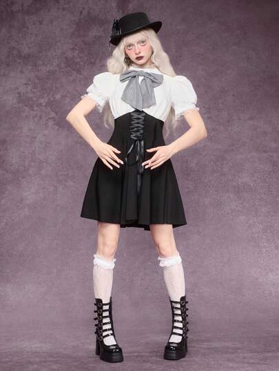 Gothic Puff Sleeve Waist Tie 2 In 1 Stripe Bow Tie Accessory Short Dress