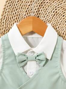 3 Stück/Set Kleinkind Jungen Gentlemen Outfit: grün-graue Weste + weißes Hemd + Shorts, geeignet für Hochzeit, Party, Blumenjunge, Lässig & Süß - Verschiedenfarbig - Übersicht 9