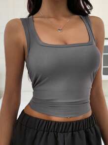 DAZY Minimalist Versatile Waist Pleated Arched Hem Square Neck Cami Top With Built-In Padding For Women - Grey - View 3