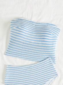 Swim Chiccia Textured Spaghetti Strap Bikini Top For Women For Summer Beach Vacation - Blue and White - View 7