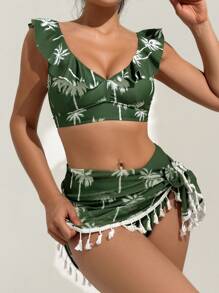 Conjunto de traje de baño de 3 piezas de mujer con estampado de árbol de coco, con bikini y falda pareo con flecos