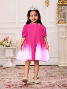 SHEIN 1pc Young Girls Chiffon Round Neck Beaded Puff Sleeve Pleated Print Gradient Hem Formal Dress, Elegant For Party, Summer Sibling Matching Outfits (2 Pieces Sold Separately) - Hot Pink - View 4